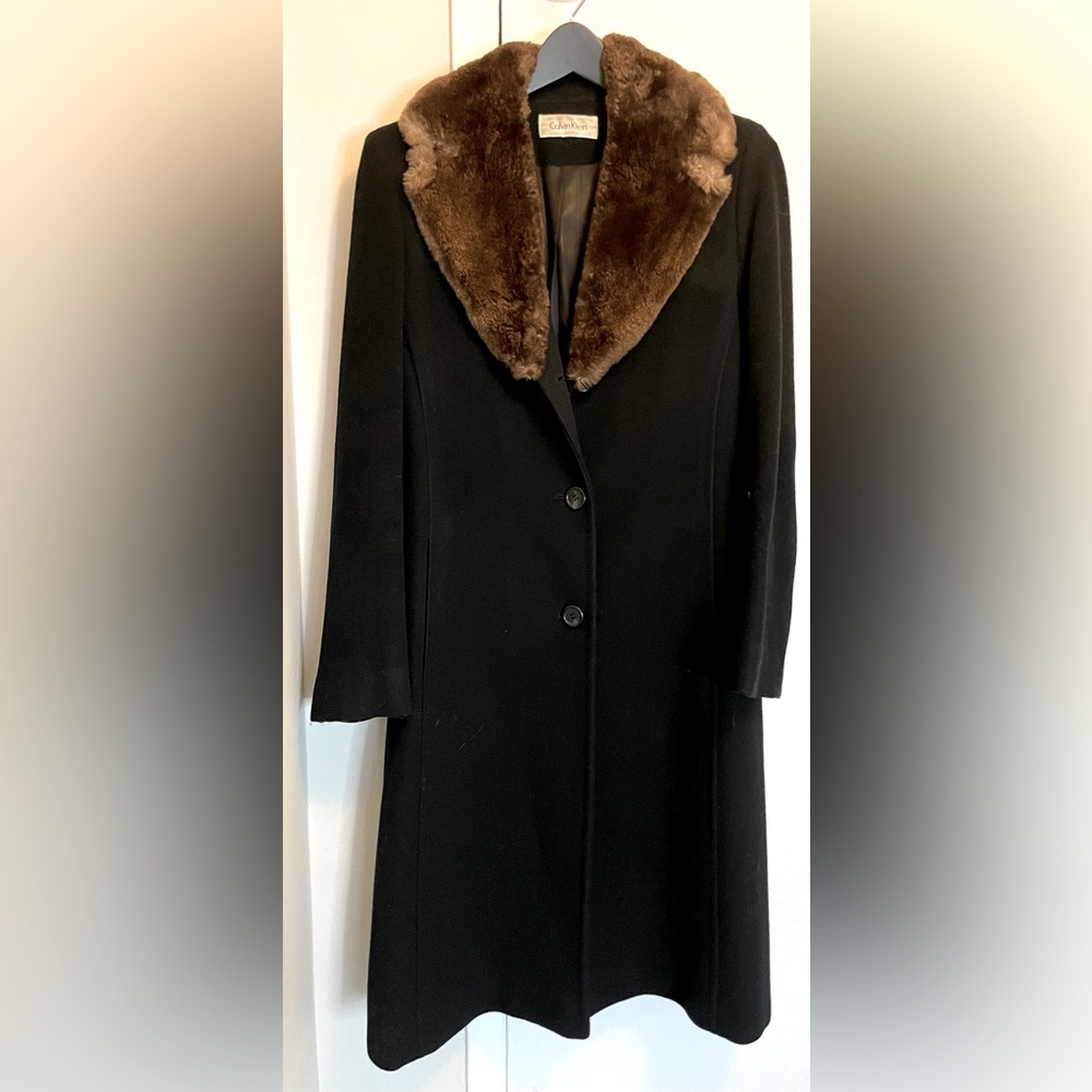Calvin Klein wool coat with beaver fur collar menswear style womens wool coat